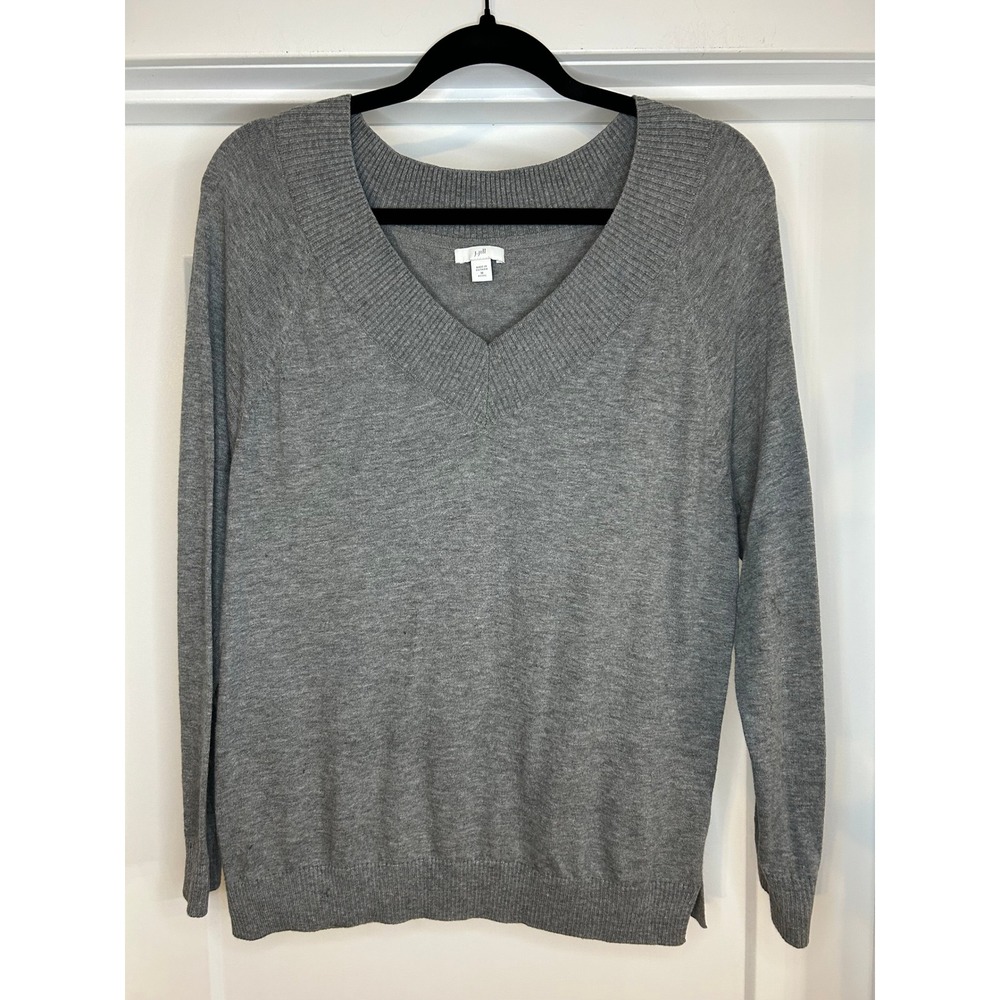 J. Jill Womens V-Neck Cotton Knit Sweater Grey Petite Medium Preppy Capsule